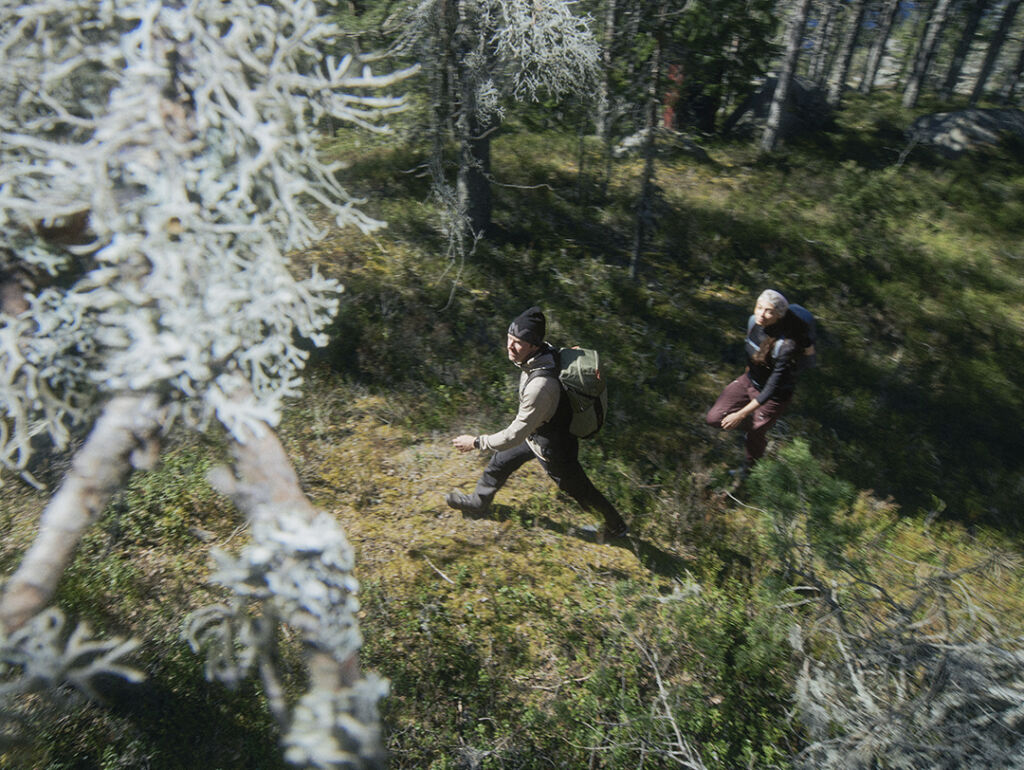 Kaksi ulkoilijaa kävelee metsässä